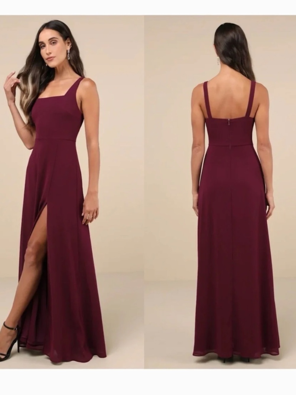 Lulu's Burgundy Square-Neck Maxi Dress with Thigh Slit
